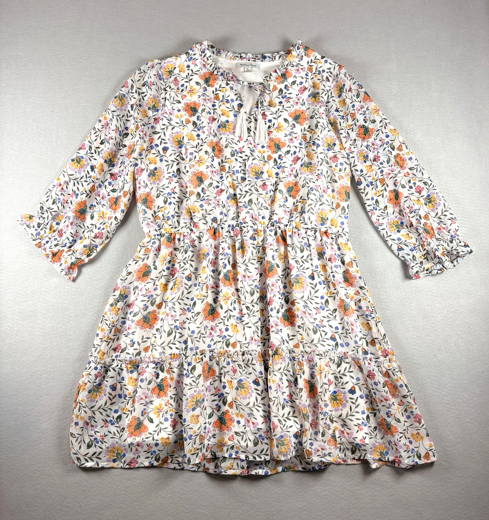 Marissa Olivia Women's XL Cream Floral Tiered Mini Dress Long Sleeve